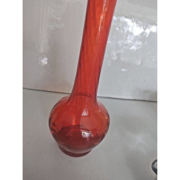 Vintage Murano Art Glass Long Stem Vase Orange Swirl 12" Tall - Picture 7 of 11